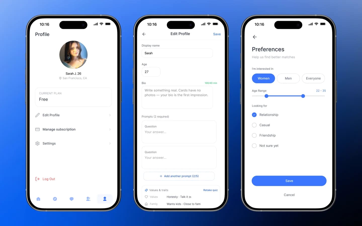 Kissmet-Profil, Bearbeitungsformular und Datingpräferenzen