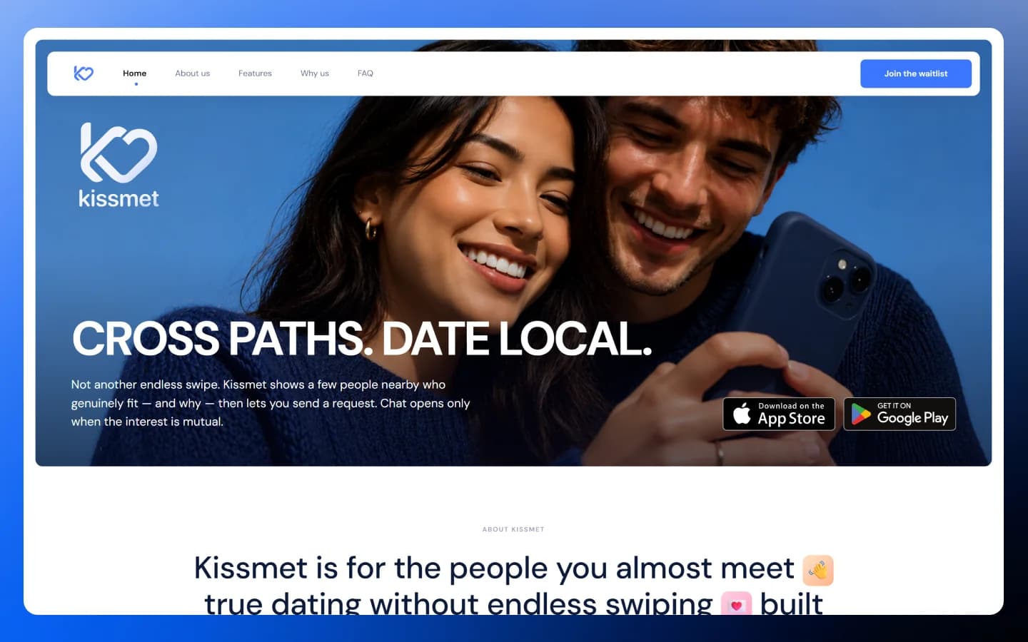 Kissmet-Landingpage mit lokaler Datingbotschaft und Wartelisten-Aktion