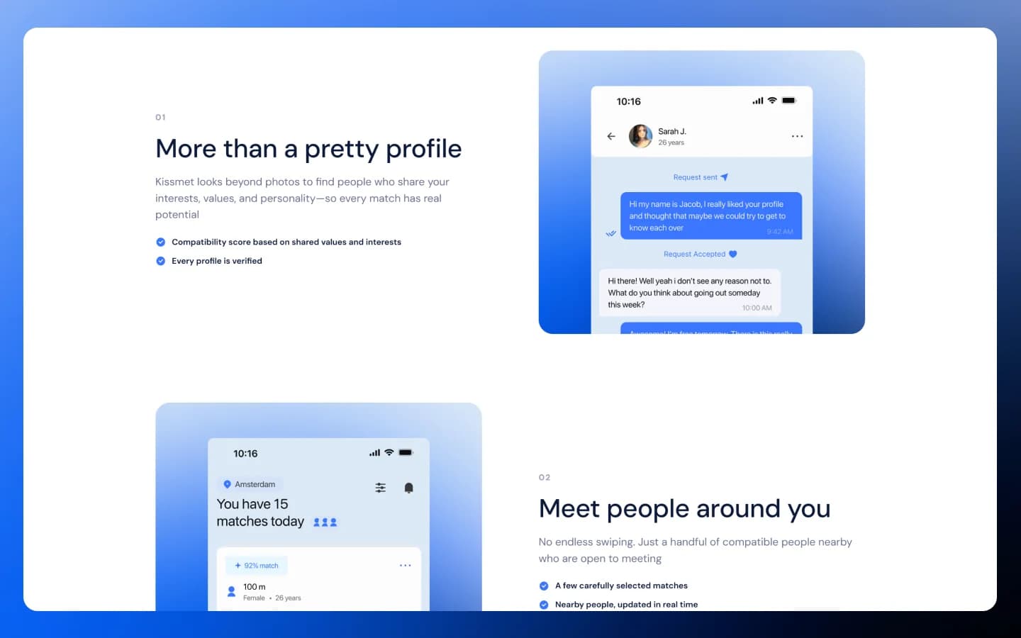 Kissmet-Landingpage zu Kompatibilität und lokaler Suche