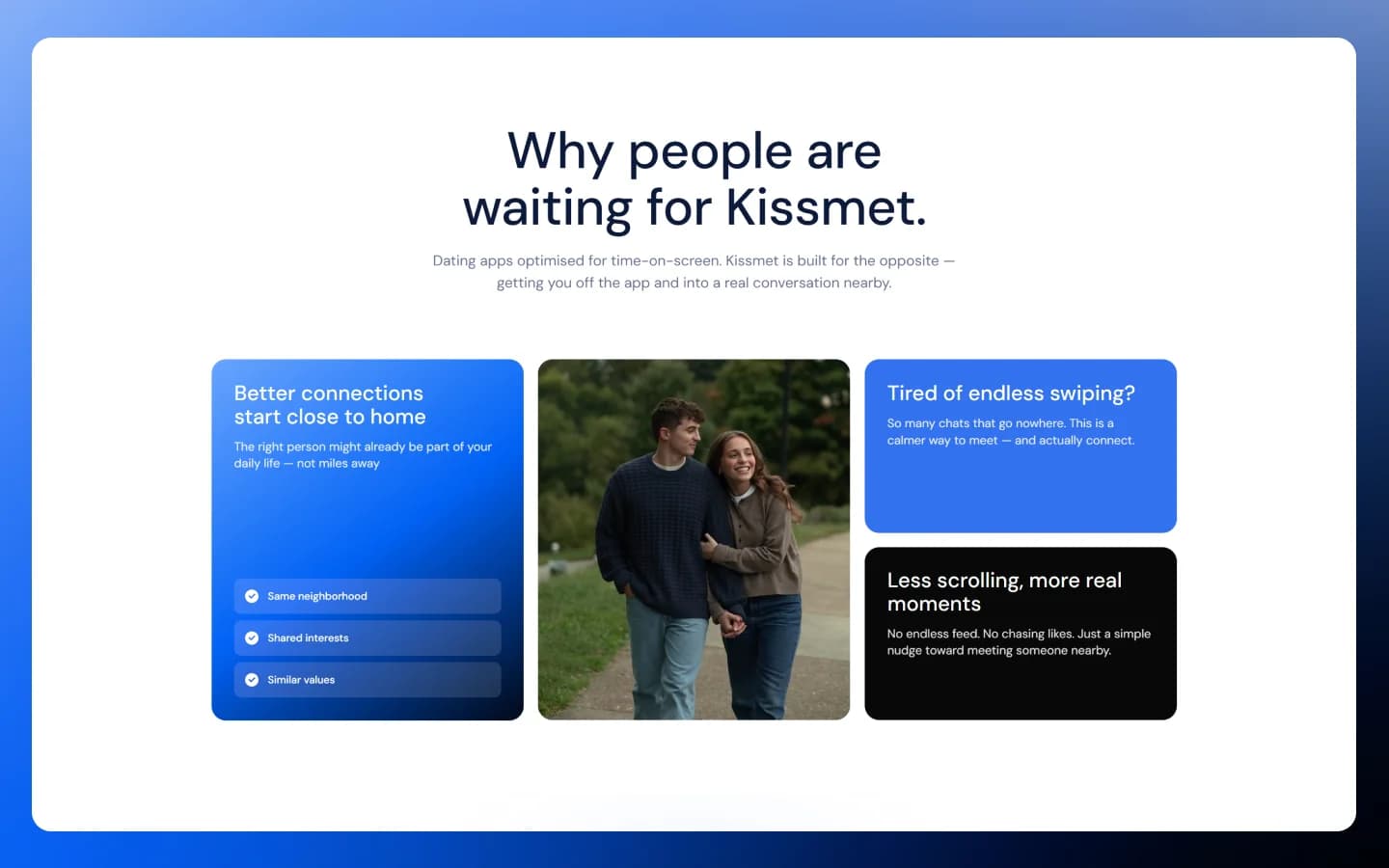 Kissmet-Landingpage über lokale Verbindungen ohne endloses Swipen