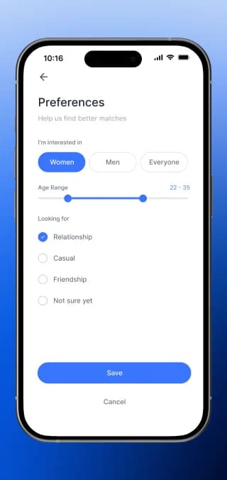 Kissmet-Datingpräferenzen für Geschlecht, Alter und Kontaktart