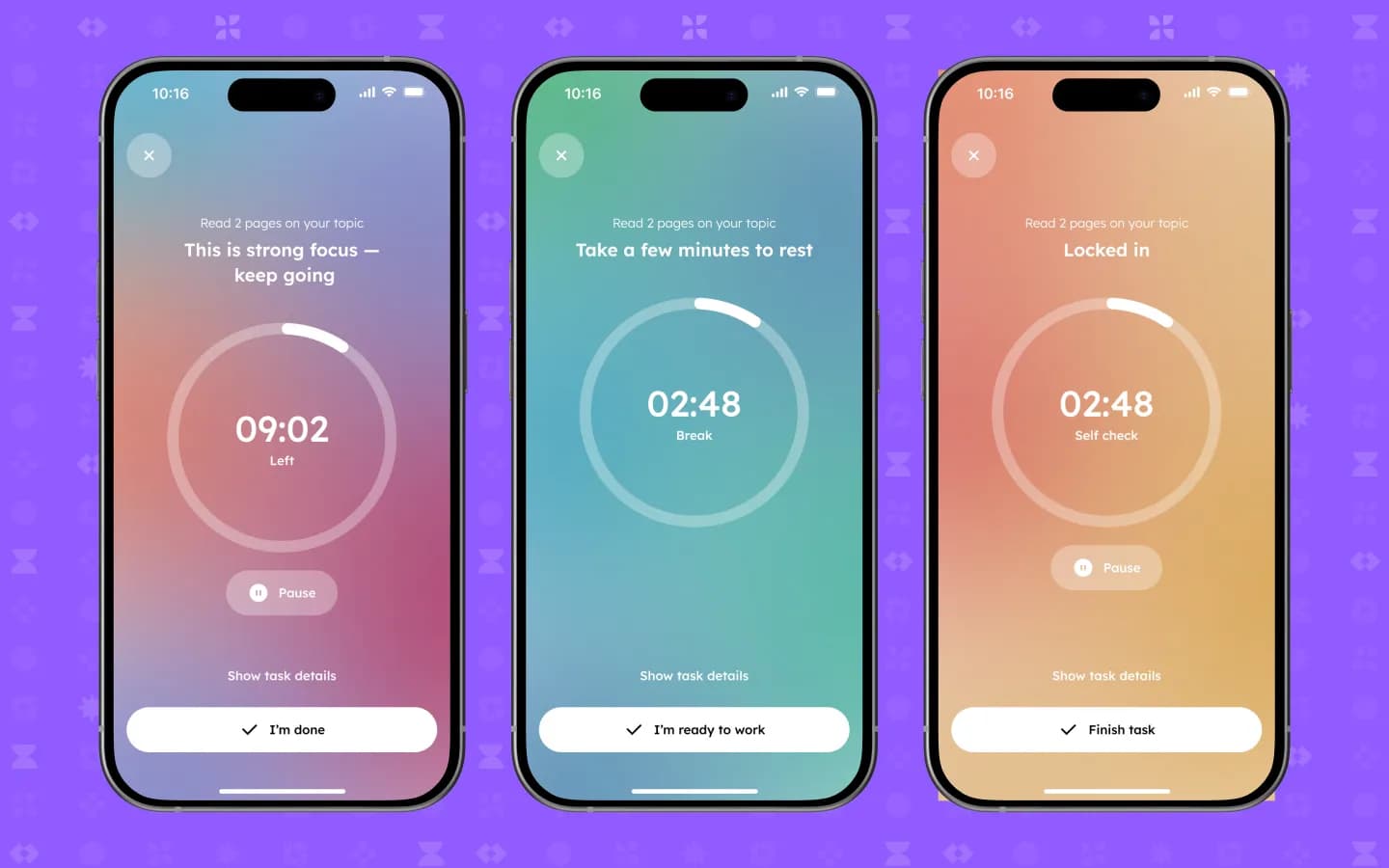 Fokus-Timer im Fokus-, Pausen- und Selbstcheck-Modus