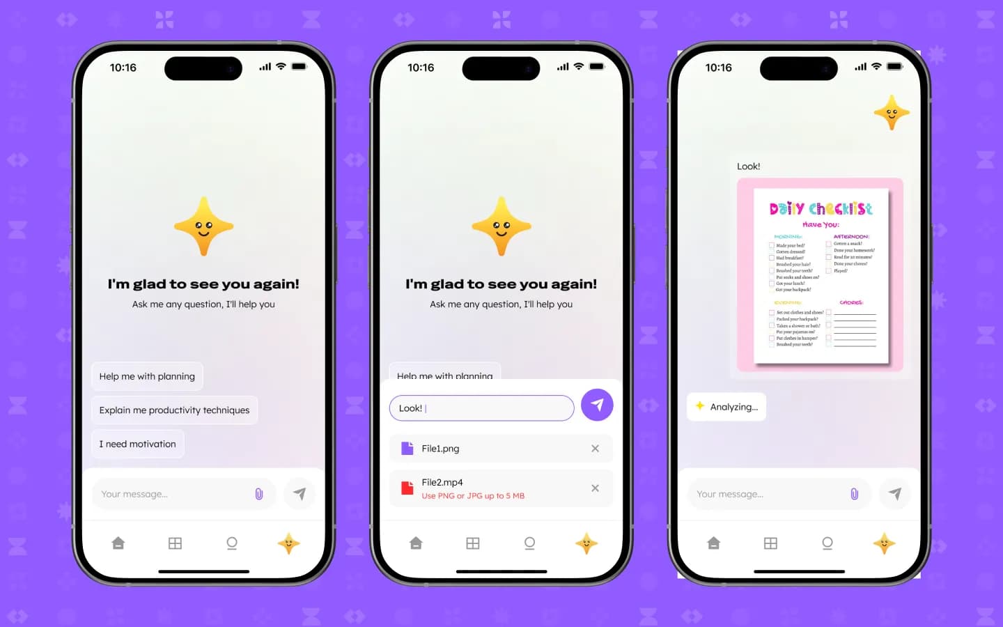 Chat mit dem KI-Assistenten mit Vorschlägen, Datei-Upload und Bildanalyse