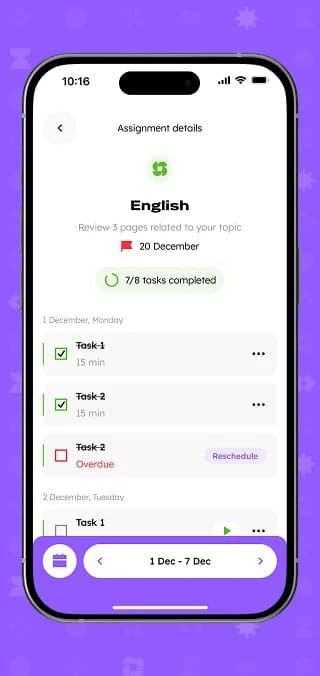 Aufgabendetails mit Tasks pro Tag und Option zum Verschieben