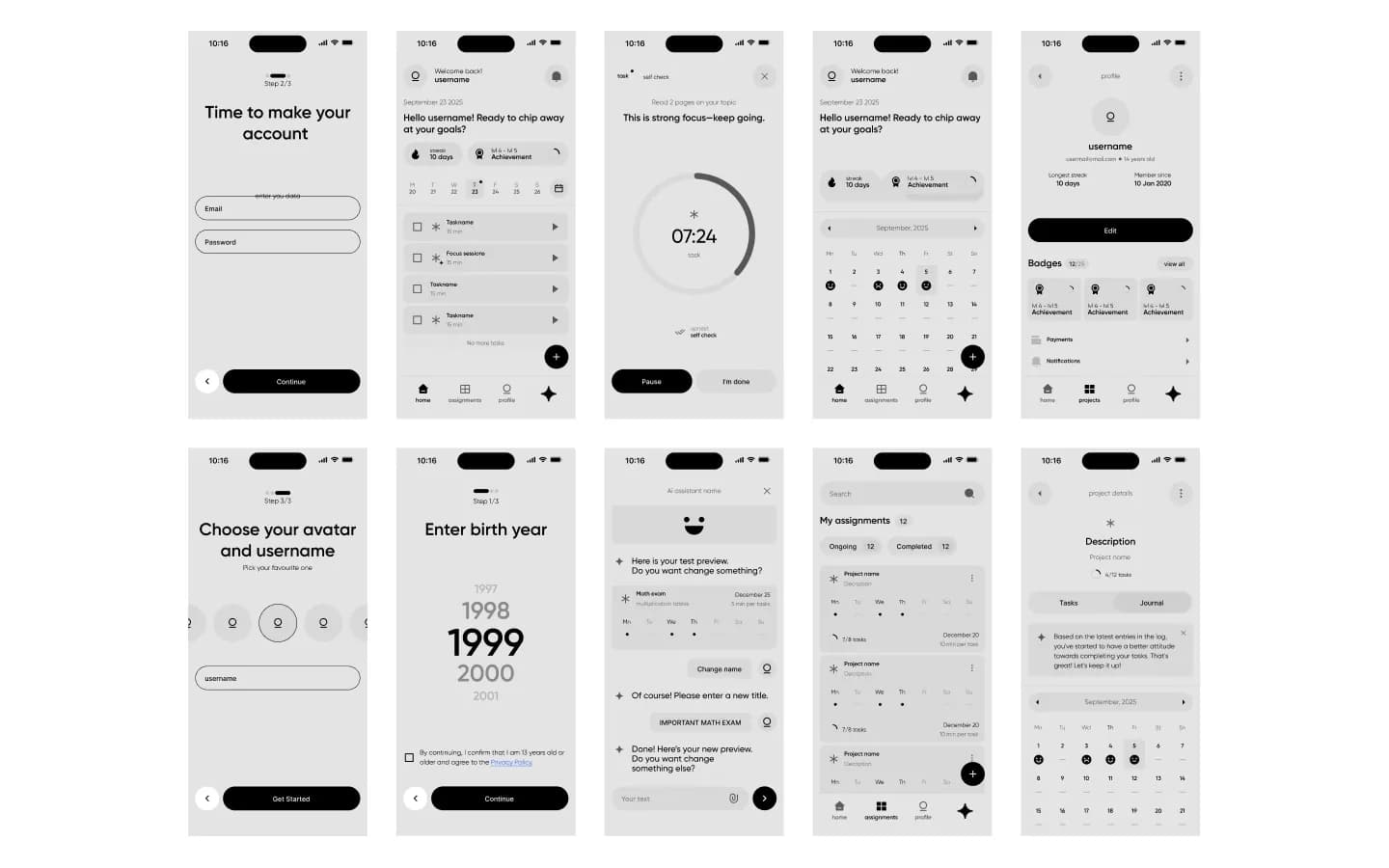 Graue Wireframes von Onboarding, Start, Timer, Profil und KI-Assistent in mi-Era