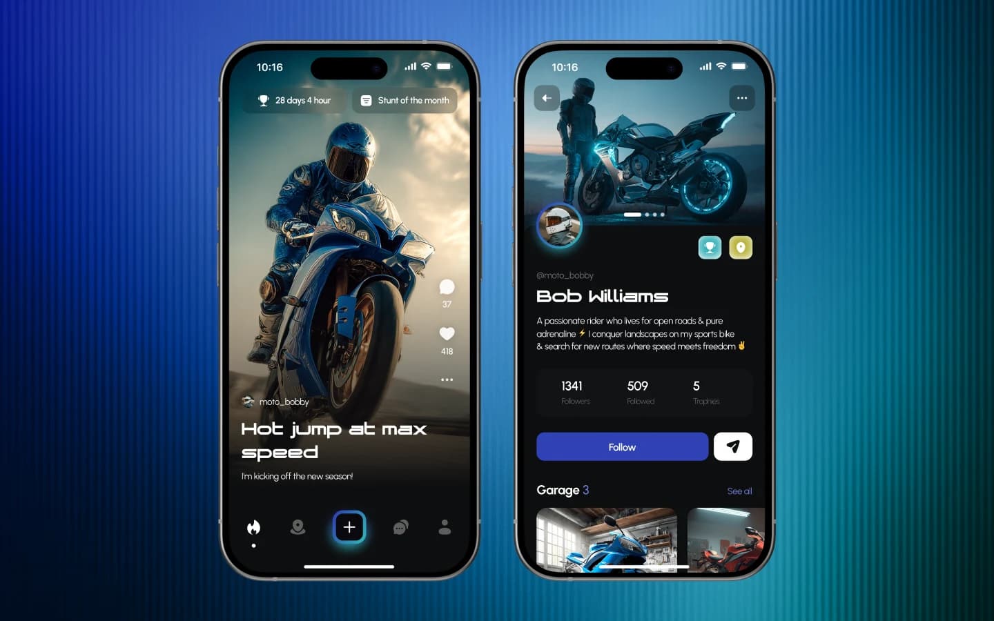Nearby-Spots-Designkonzept für Motorrad-Feed und Fahrerprofil