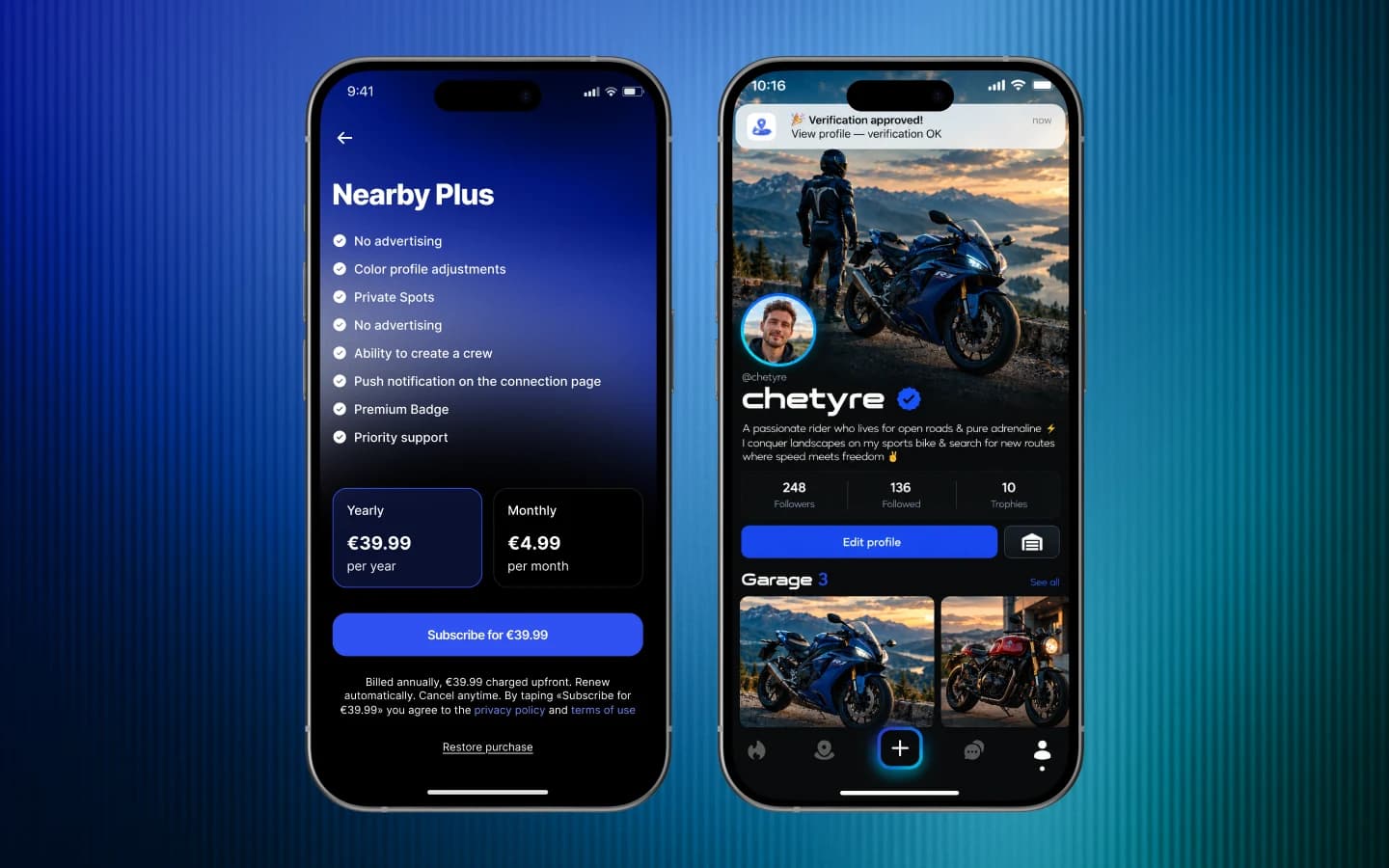 Nearby-Plus-Abo-Paywall und Fahrerprofil mit Benachrichtigung