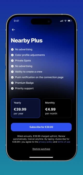 Nearby-Plus-Abo-Paywall mit Jahres- und Monatsplan