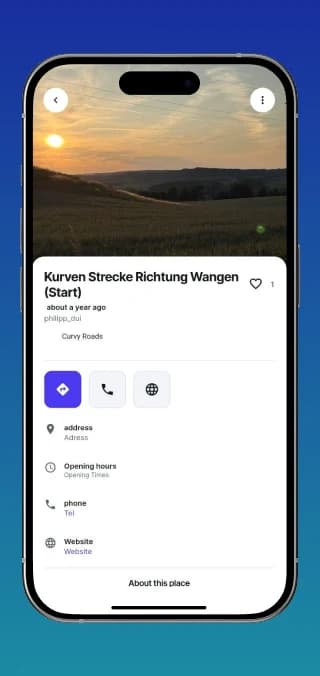 Detailansicht eines Motorrad-Spots mit Navigation und Kontaktaktionen