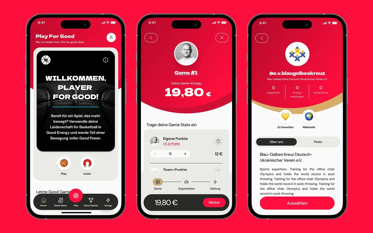 Startseite, Eingabe der Spielstatistik und Profil einer gemeinnützigen Organisation