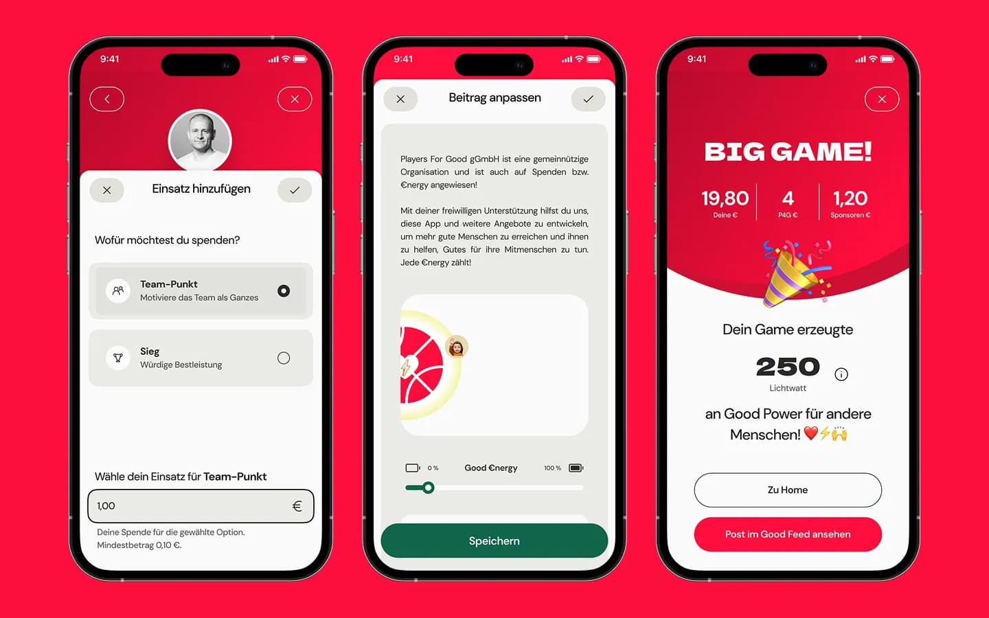 Einsatz wählen, Plattformbeitrag anpassen und Zusammenfassung „Big Game“