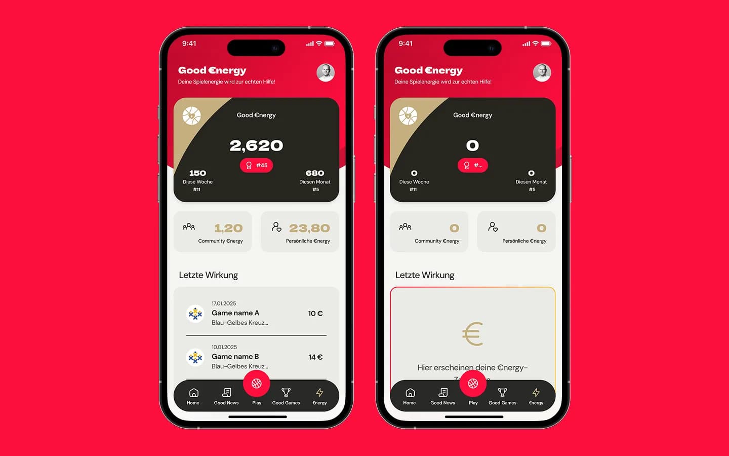 Good-Energy-Wallet mit Summen, Platzierungen und letzter Wirkung, dazu der Leerzustand