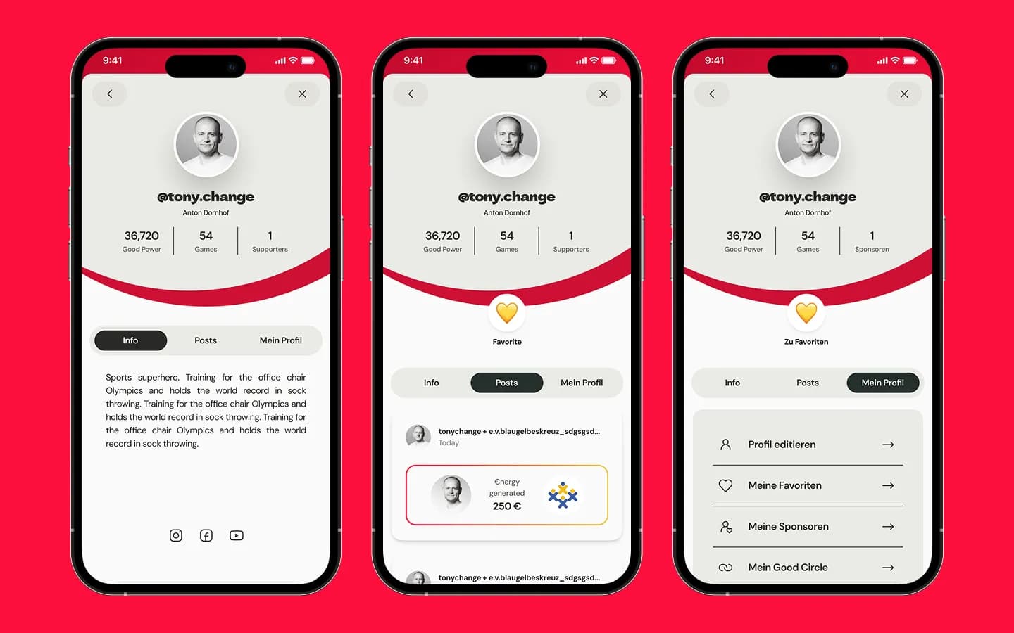 Spielerprofil mit Info, Posts zur erzeugten Energy und Profileinstellungen