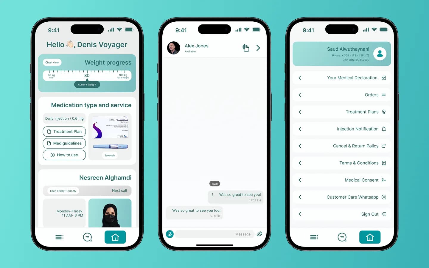 RaedHealth-Startseite, Chat mit dem Diätassistenten und Patientenprofil auf drei Smartphones