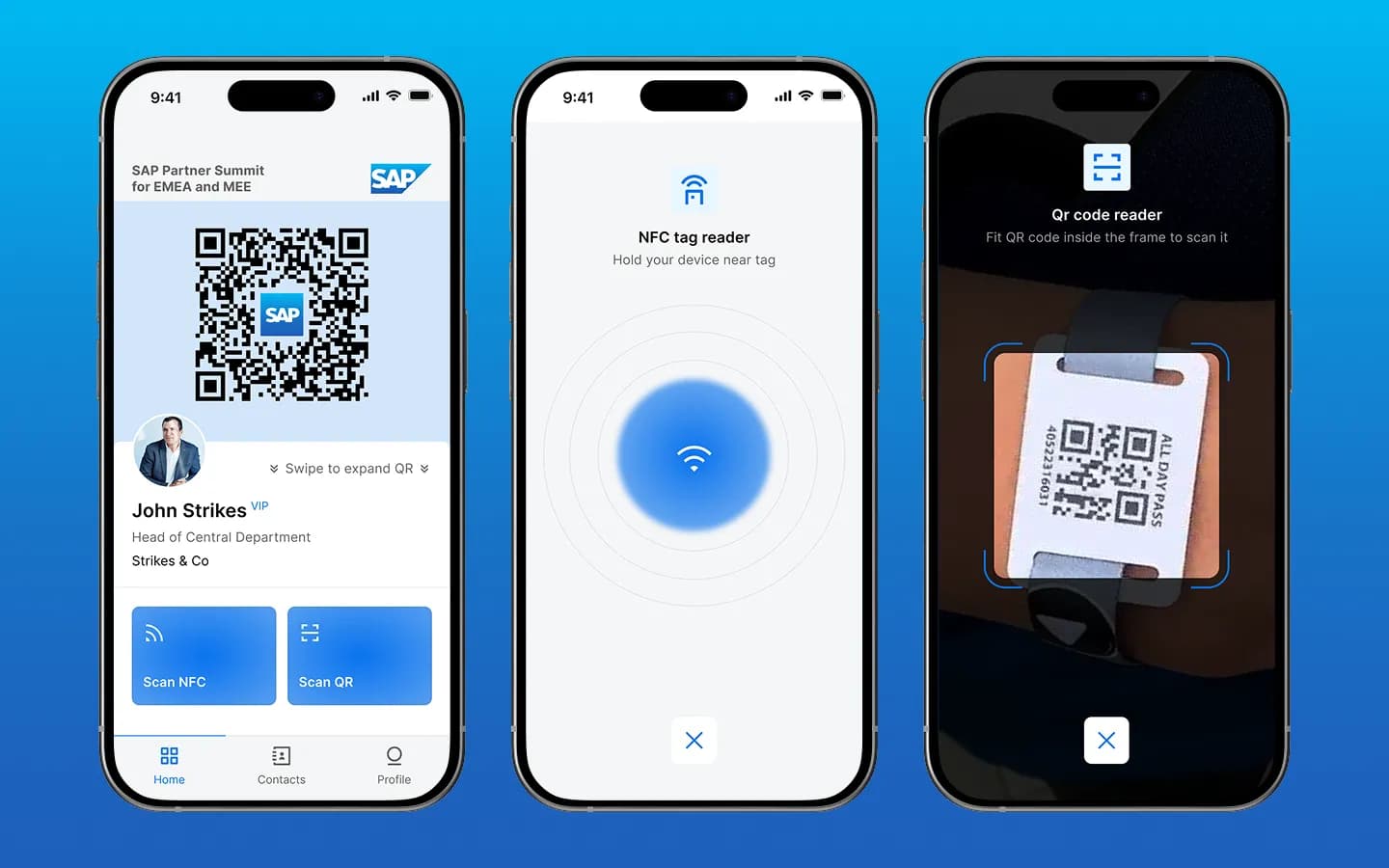 Startseite mit persönlichem QR-Code, NFC-Leser und QR-Leser