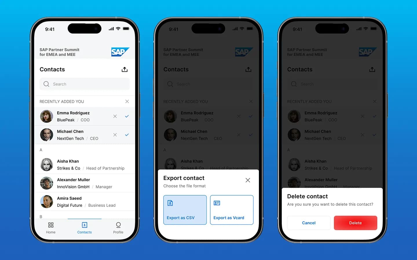 Kontaktliste, Export als CSV oder vCard und Löschbestätigung