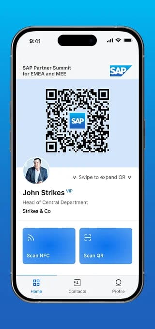 Startseite mit persönlichem QR-Code und Buttons für NFC- und QR-Scan