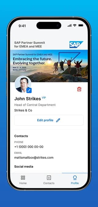 Teilnehmerprofil mit Kontaktdaten und Social Media