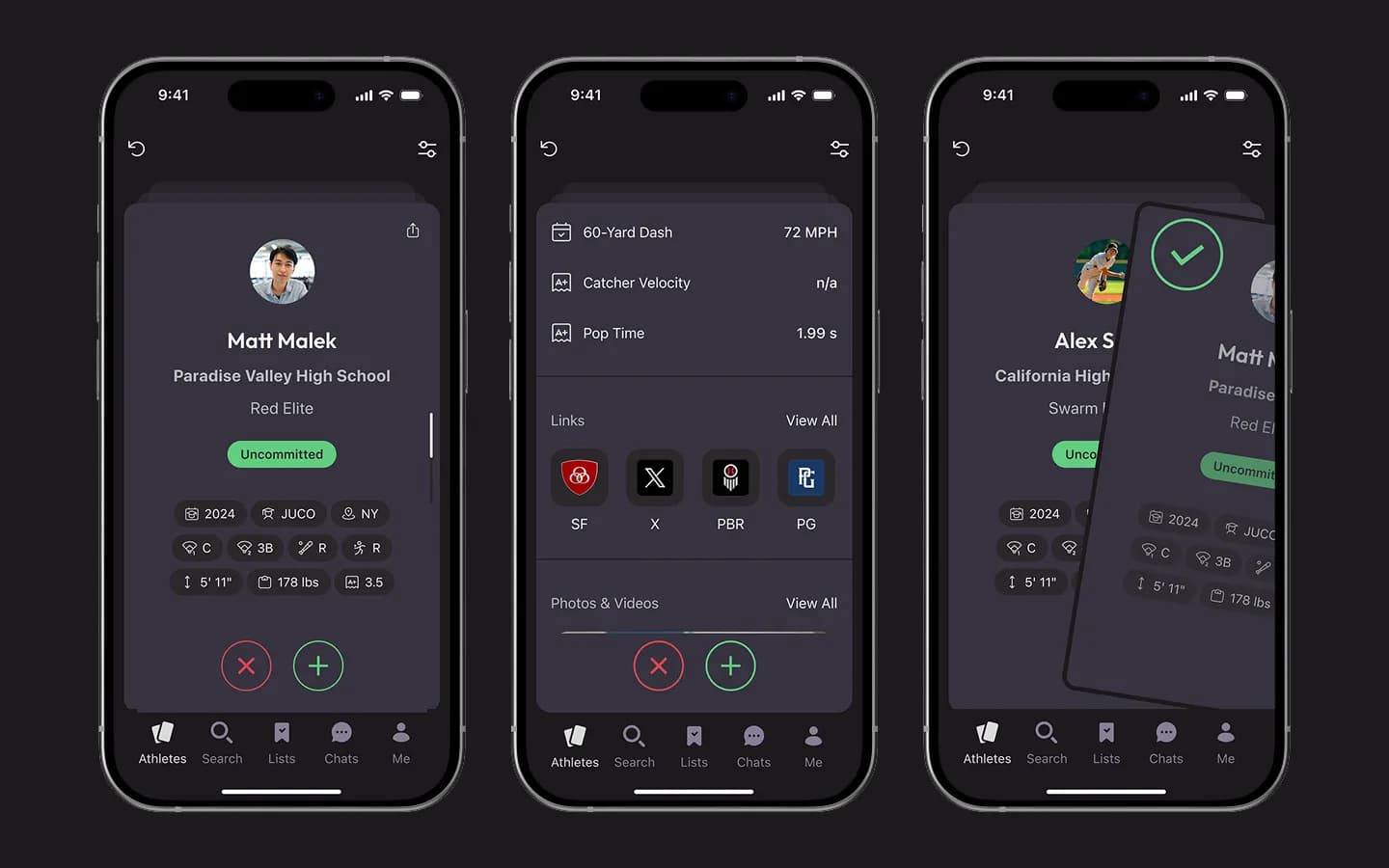 Athletenkarte mit Stats, Links und Swipe-Animation zur Zusage