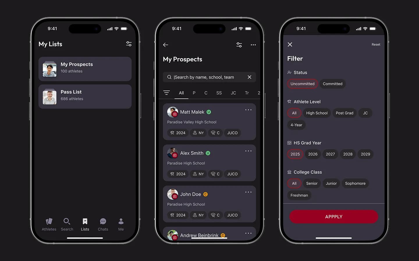 My Lists, My Prospects mit Suche und Athletenfilter