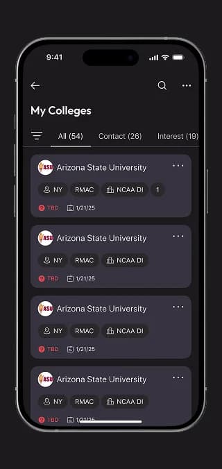 Liste „My Colleges“ mit Tabs für Kontakt und Interesse