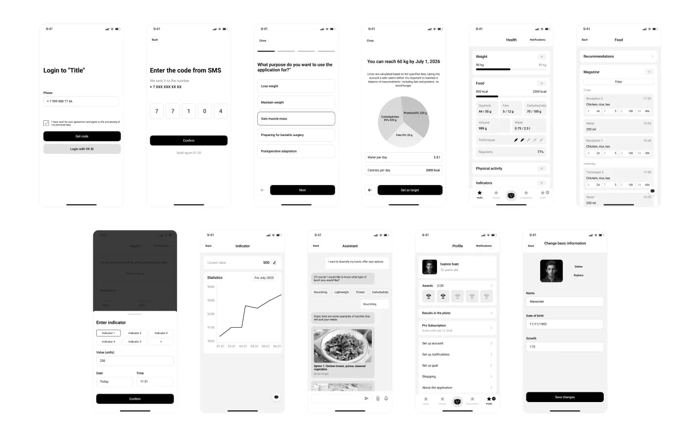 Wellup-Wireframes für Login, Onboarding, Gesundheitsscreen, Assistent und Profil